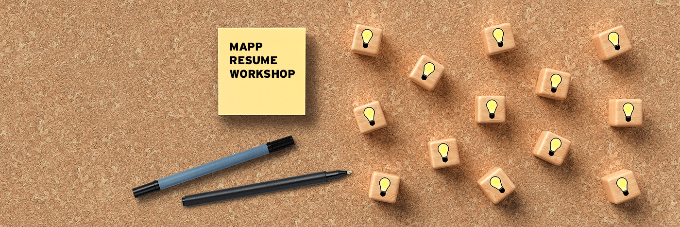 Sticky note with MAPP Resume Workshop and cubes with light bulbs