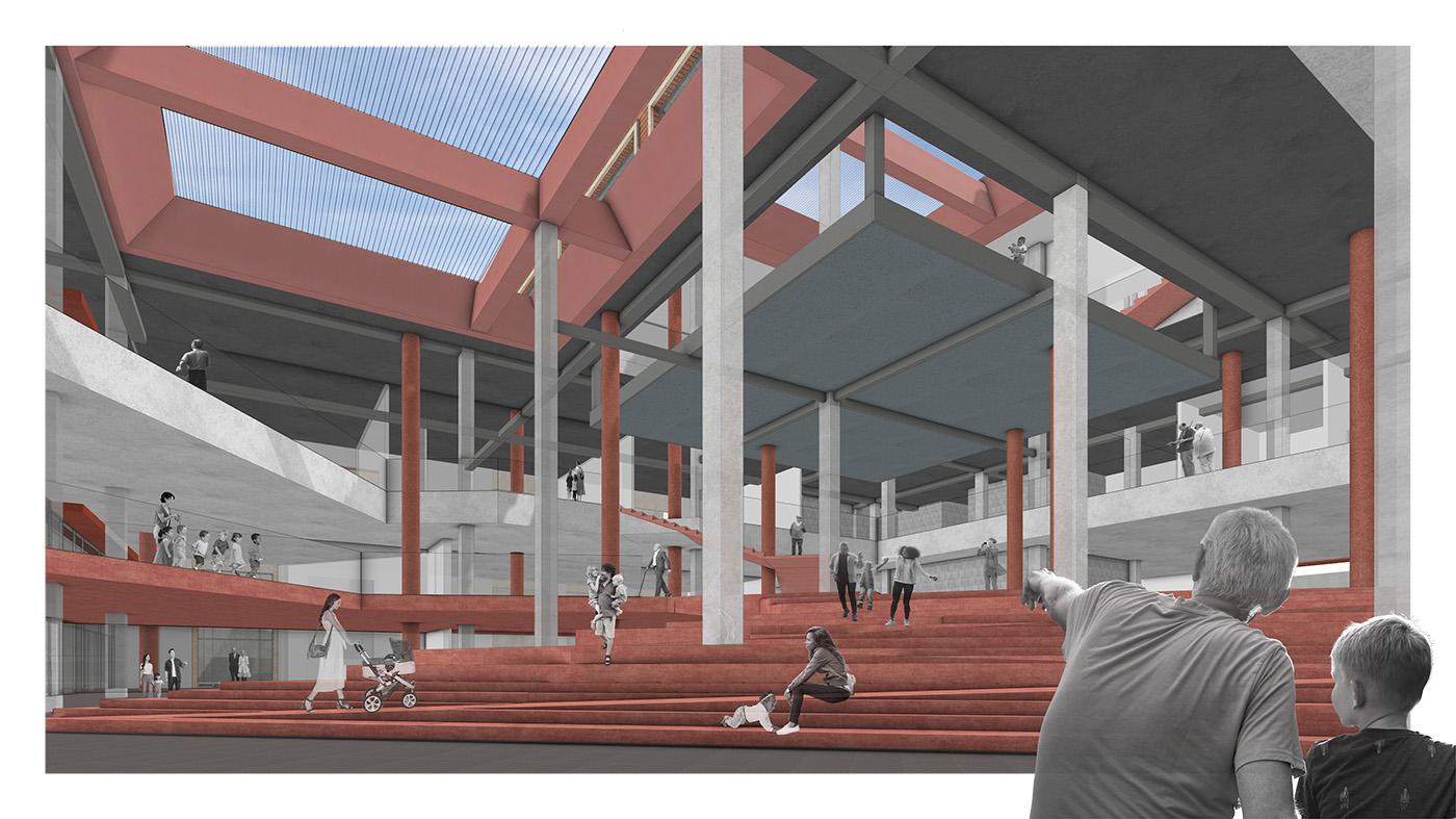 Abigail Chi's design concept for adaptive reuse facility, showing stair landscape