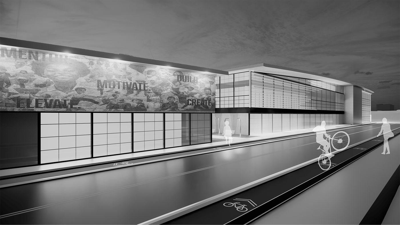 Black and white rendering of a building and silhouettes of people on a bike and walking