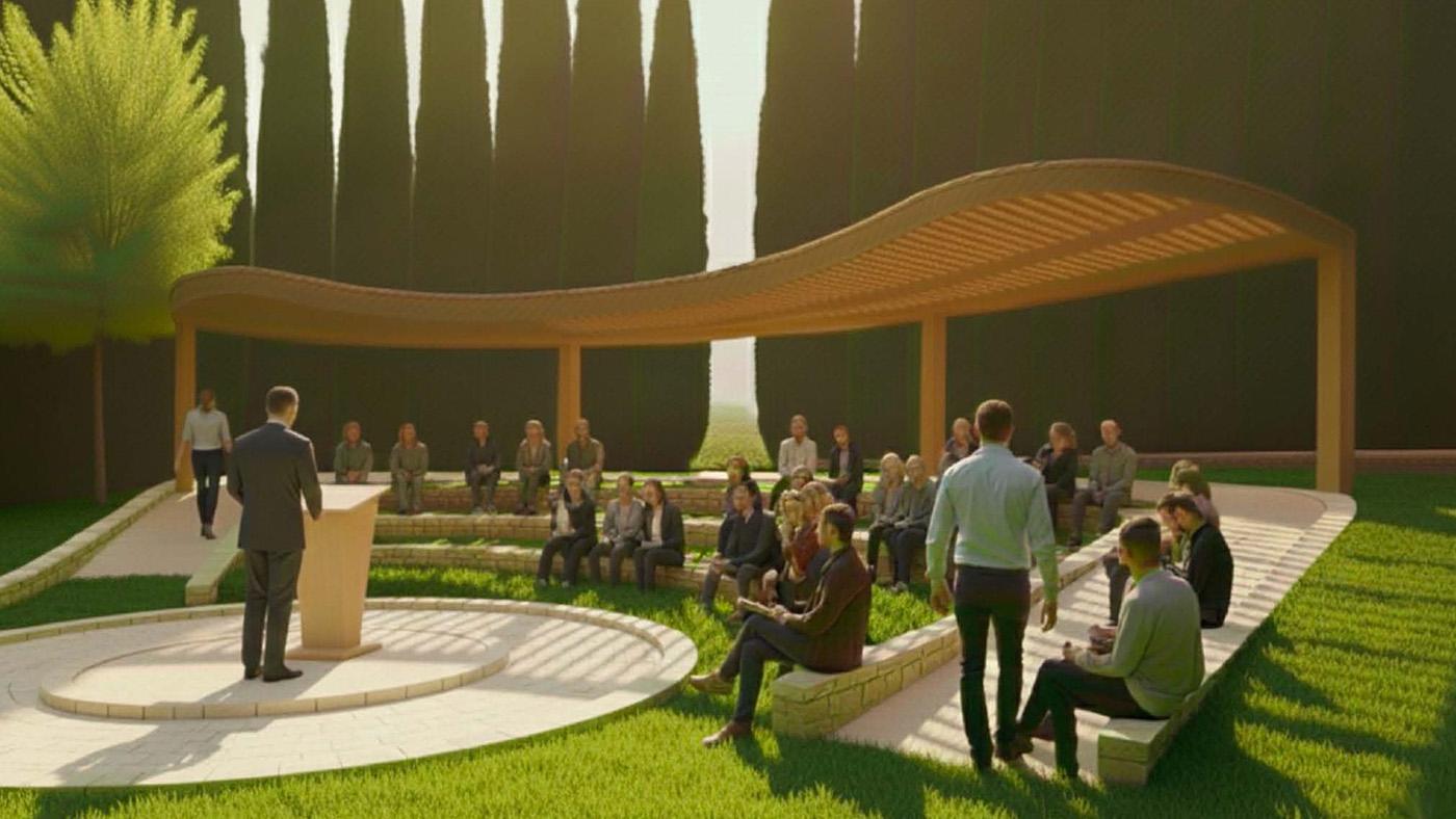 Concept design for the outdoor amphitheater with a canopy and people seated