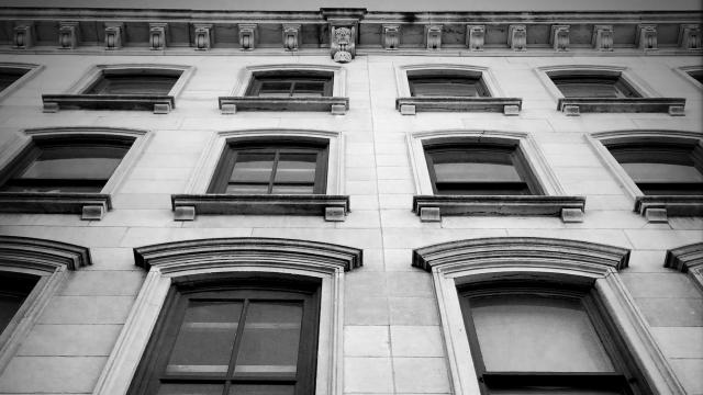 Black and white photo of a building