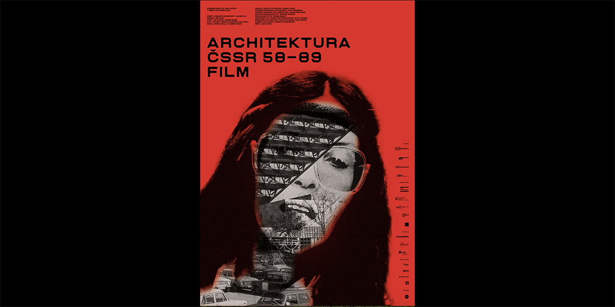 Czechoslovak Architecture Film Poster cover with a collage of a woman's face and architecture. Red and black poster design