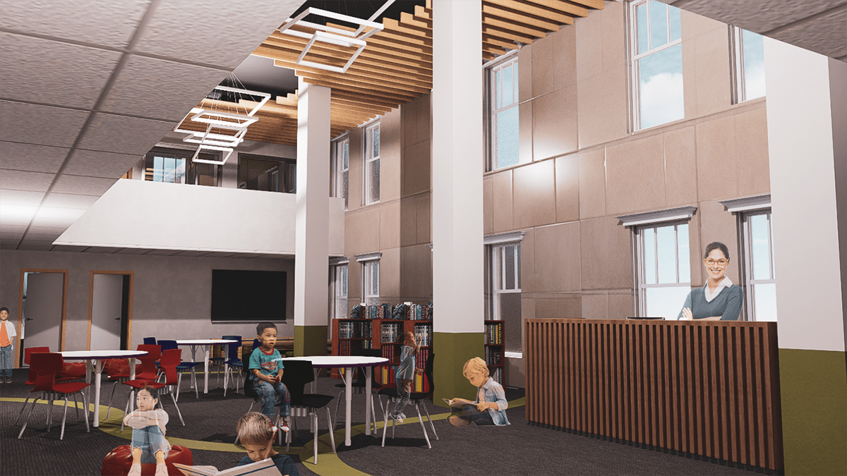 Interior of an educational hub with children playing