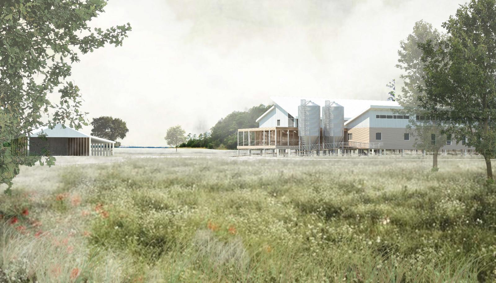 Rendering of farm house with field in foreground