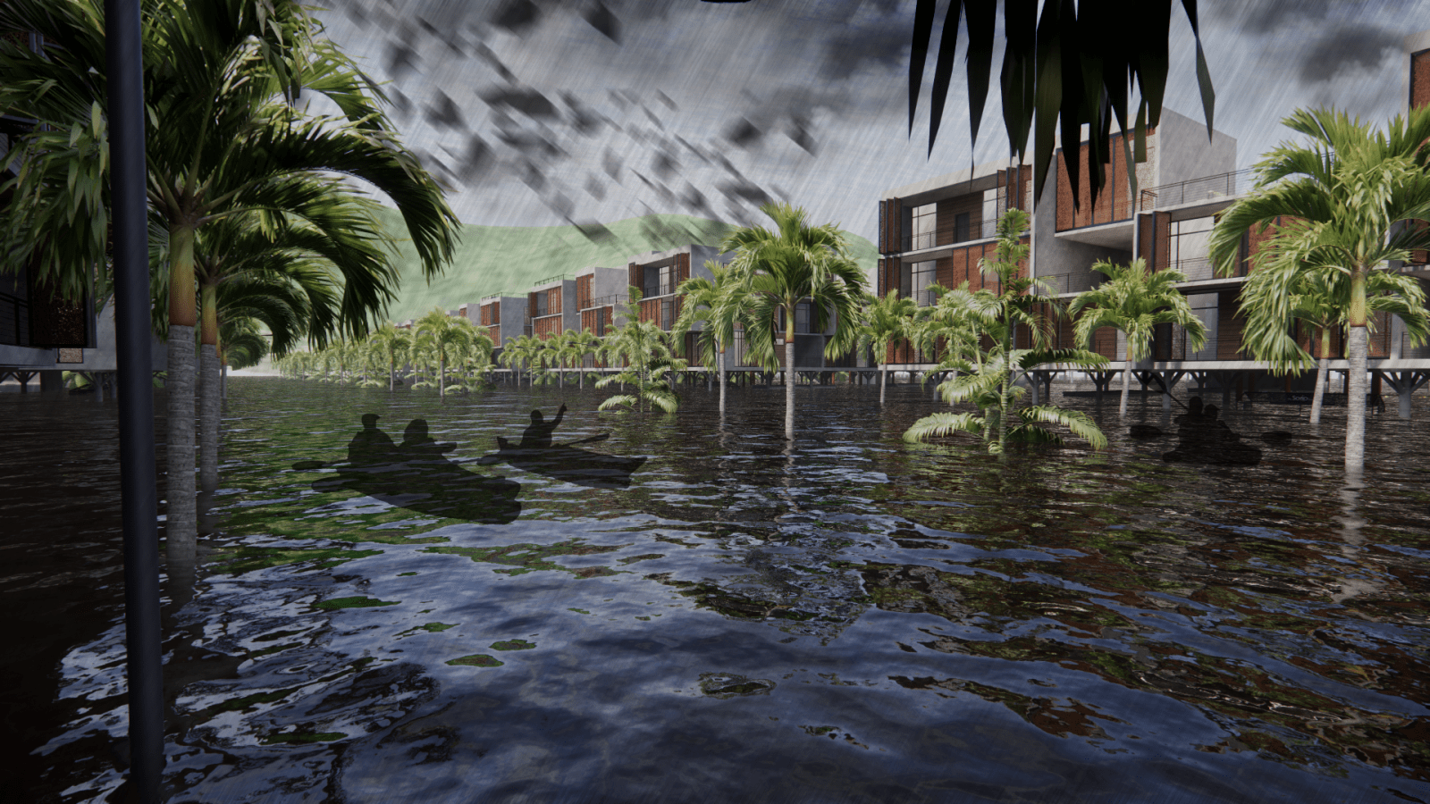 Rendering of three people in kayaks flowing down a large body of water with buildings on their right hand side.  