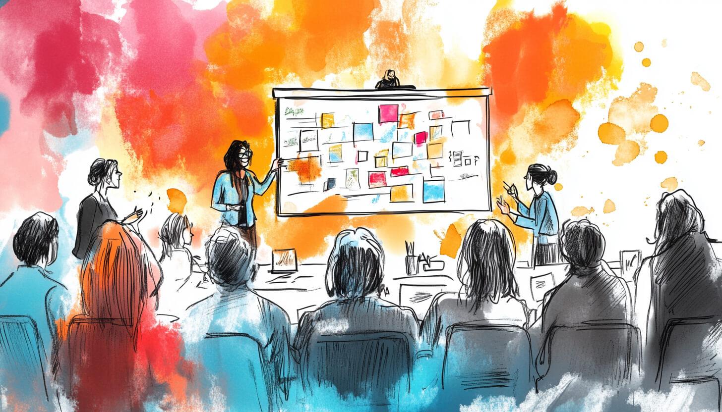 Colorful watercolor image of people presenting 