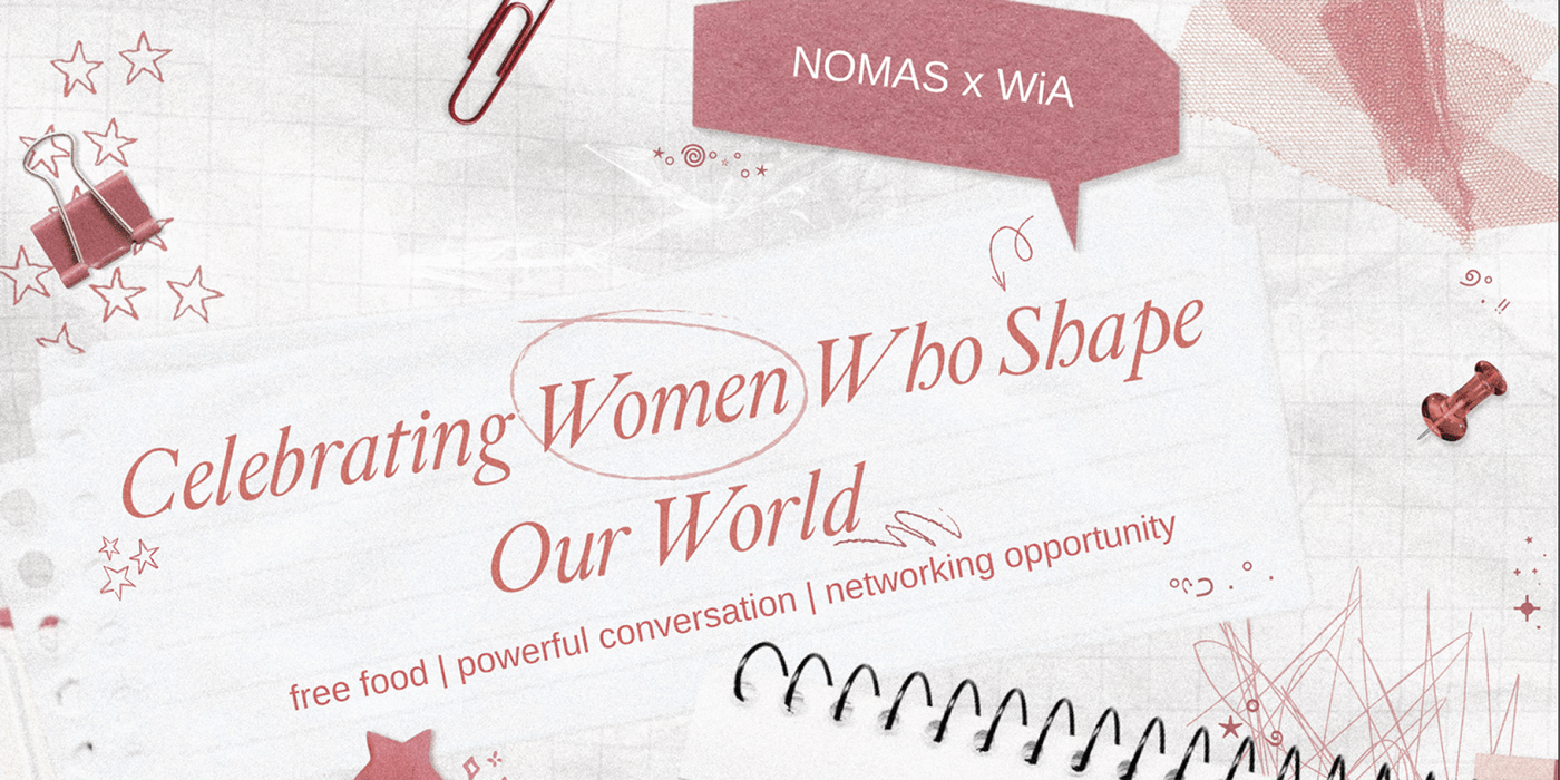 Scrapbook with pink accessories and drawings advertising "Celebrating Women Who Shape Our World"