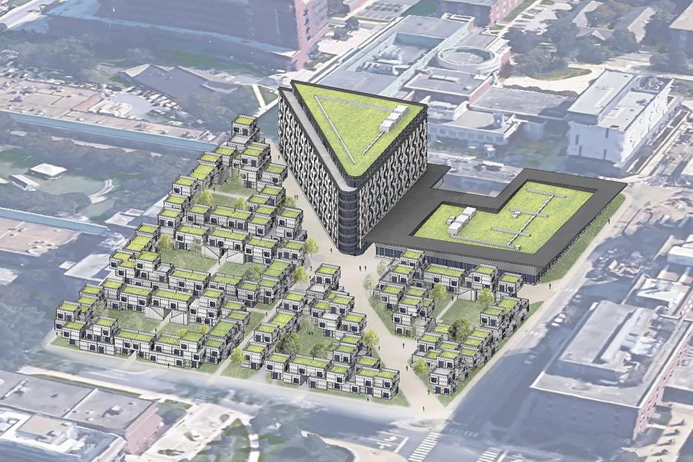 Aerial view rendering of innovation village with large green spaces