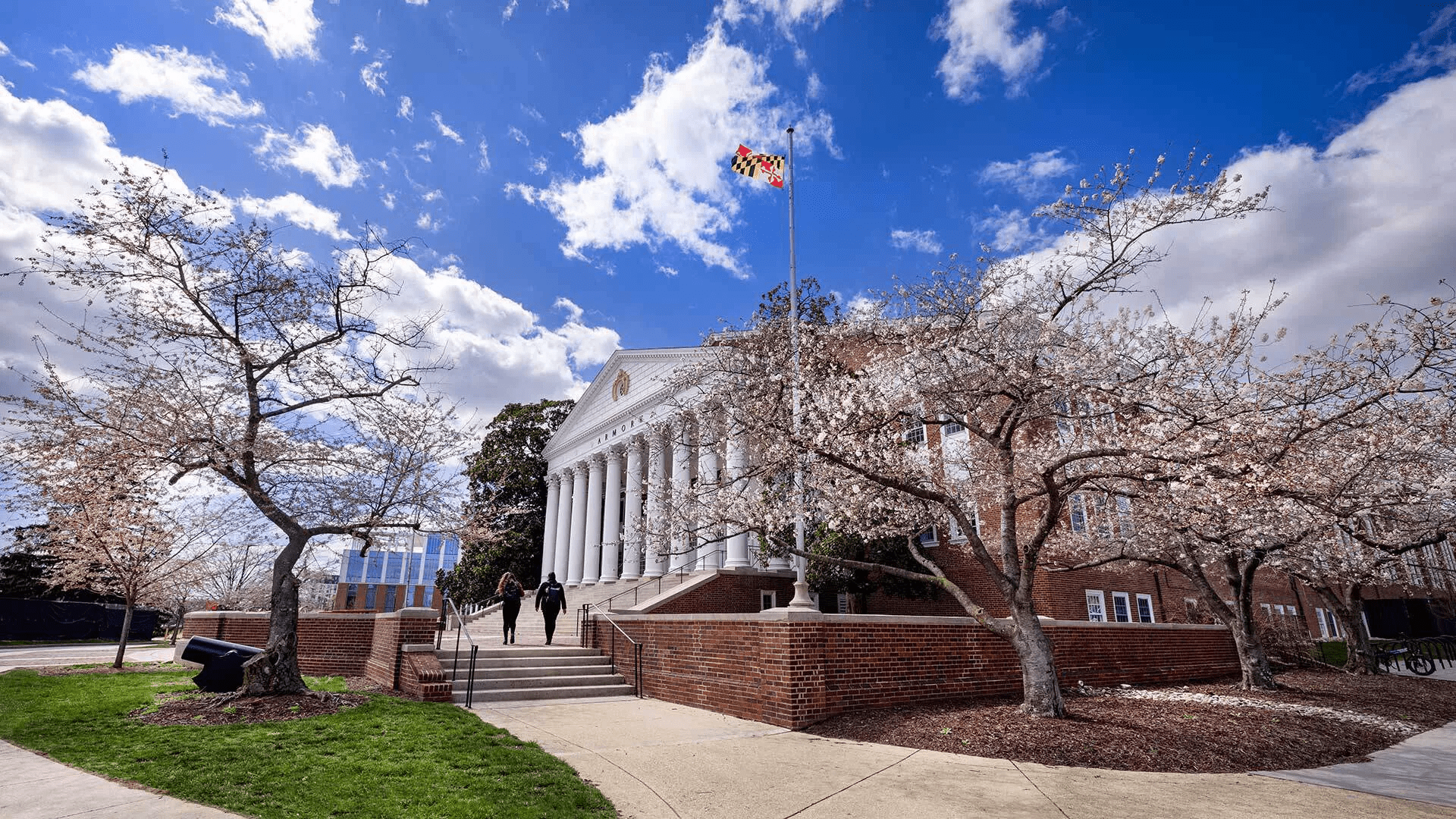 UMD Armory with cherry blossoms 