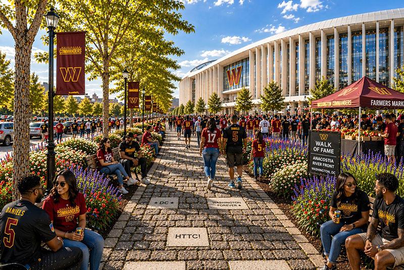 People in Washington Commanders clothing on a proposed "Walk of Fame" by the RFK stadium