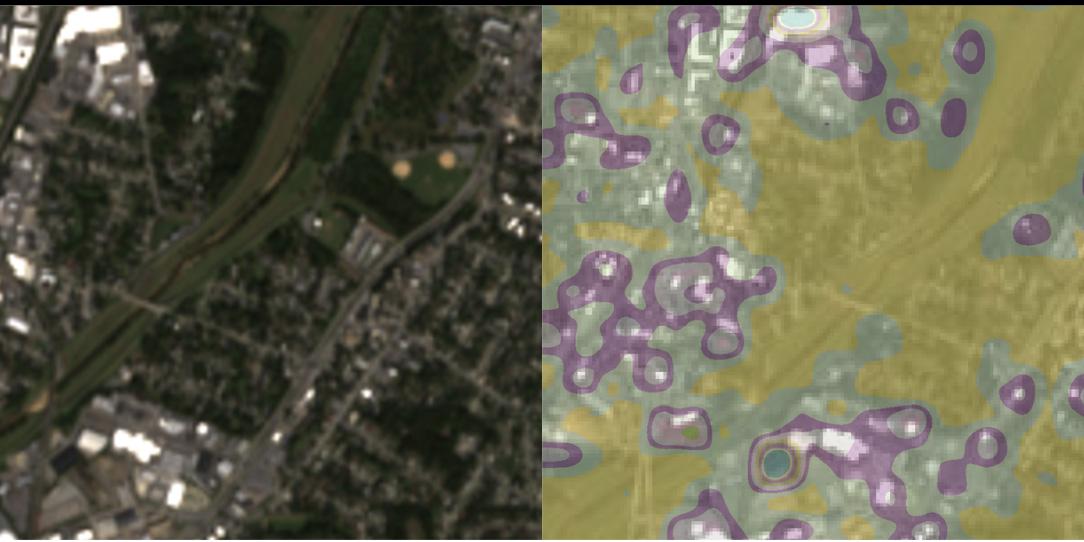 Aerial shot and map of an urban lacunarity, through satellite images