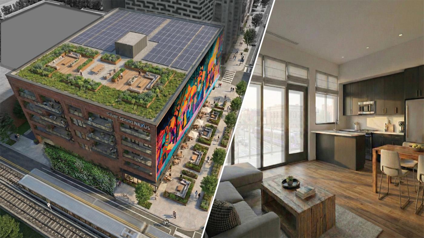 Silver Spring Nexus aerial shot of building and interior shot of an apartment