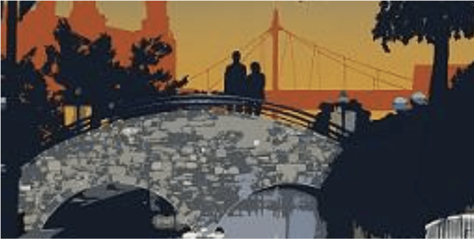 An artwork of a man and women figure looking at the sunset on a bridge 