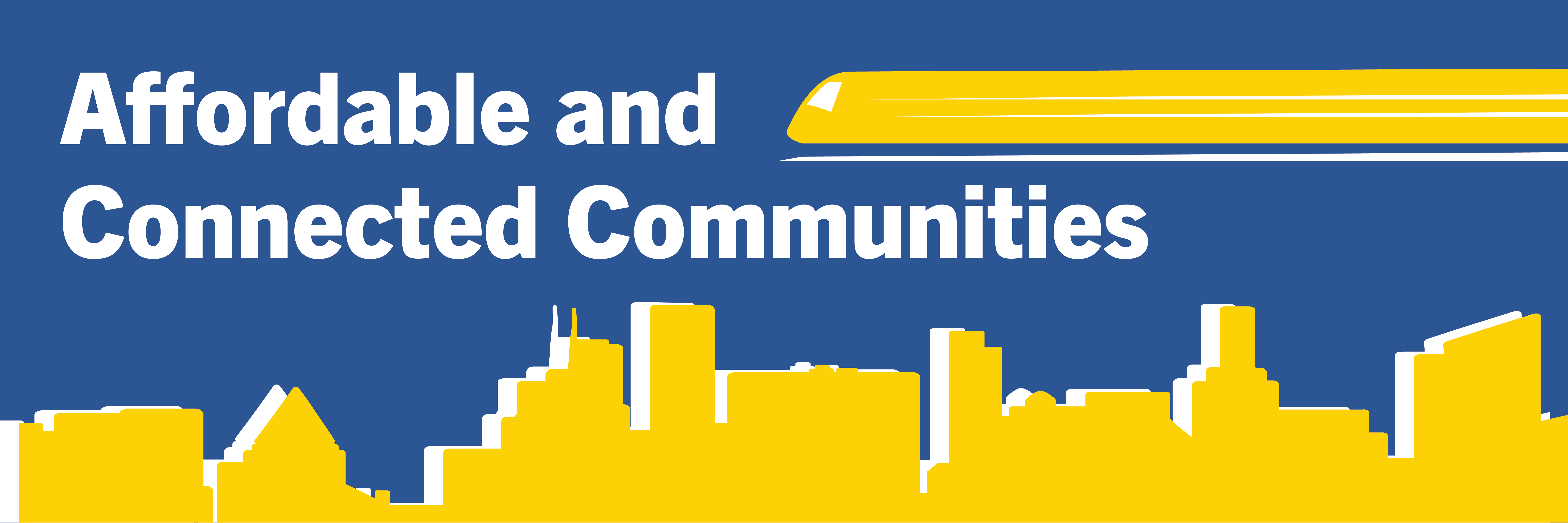 Affordable and Connected Communities with a city silhouette and train