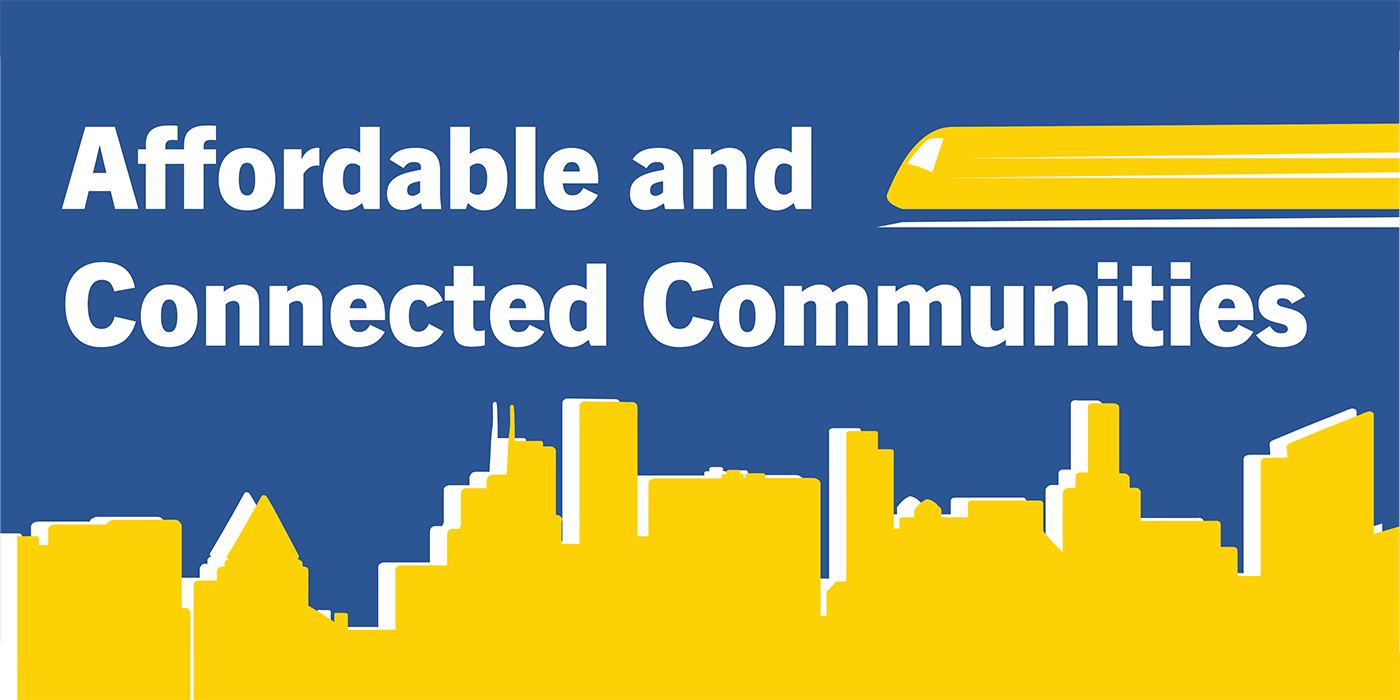 Affordable and Connected Communities with a city silhouette and train
