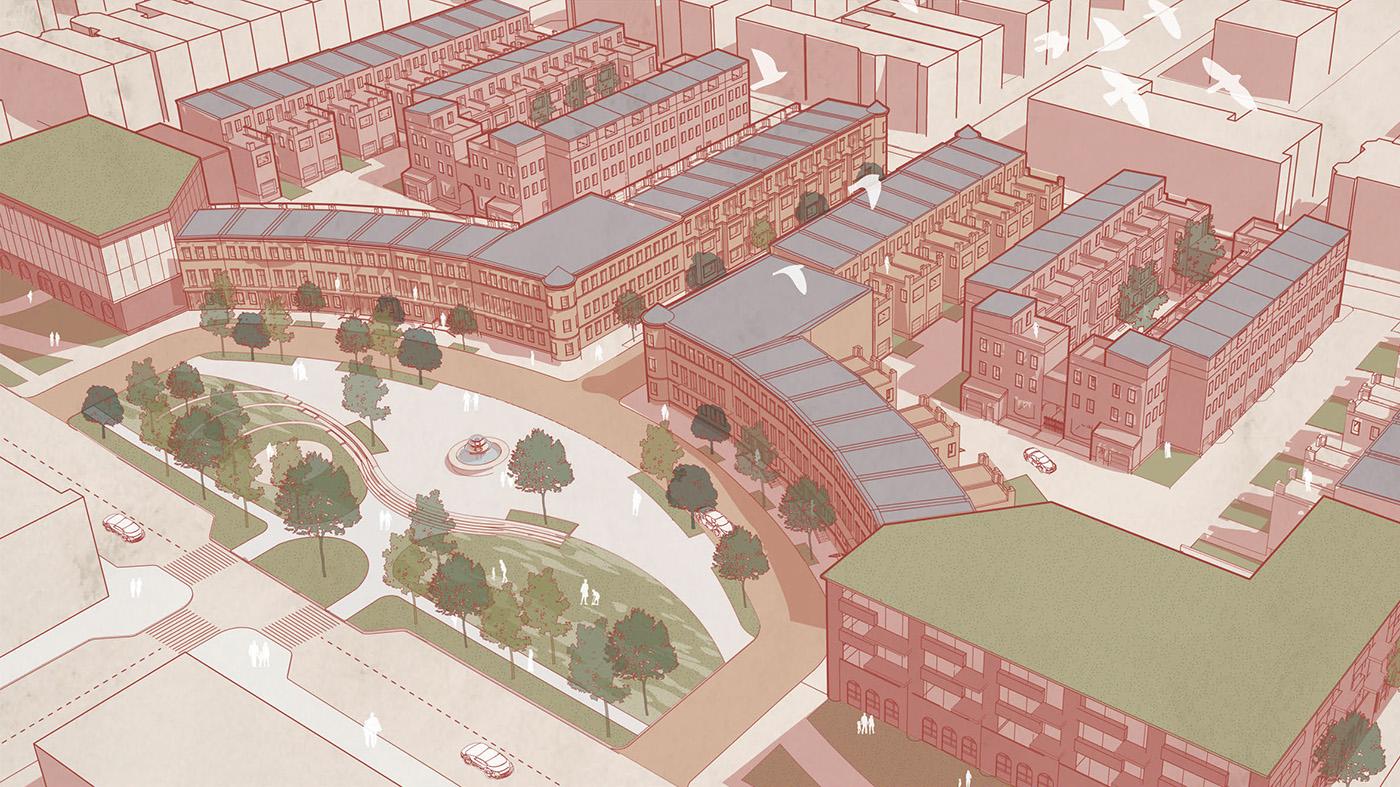Rendering of Madison Park with red and green tints