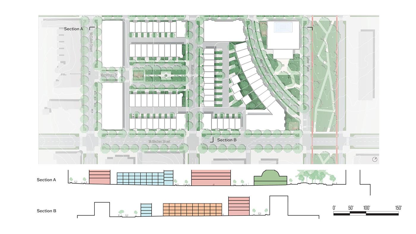 Site sections showing buildings and greenery for Madison Park