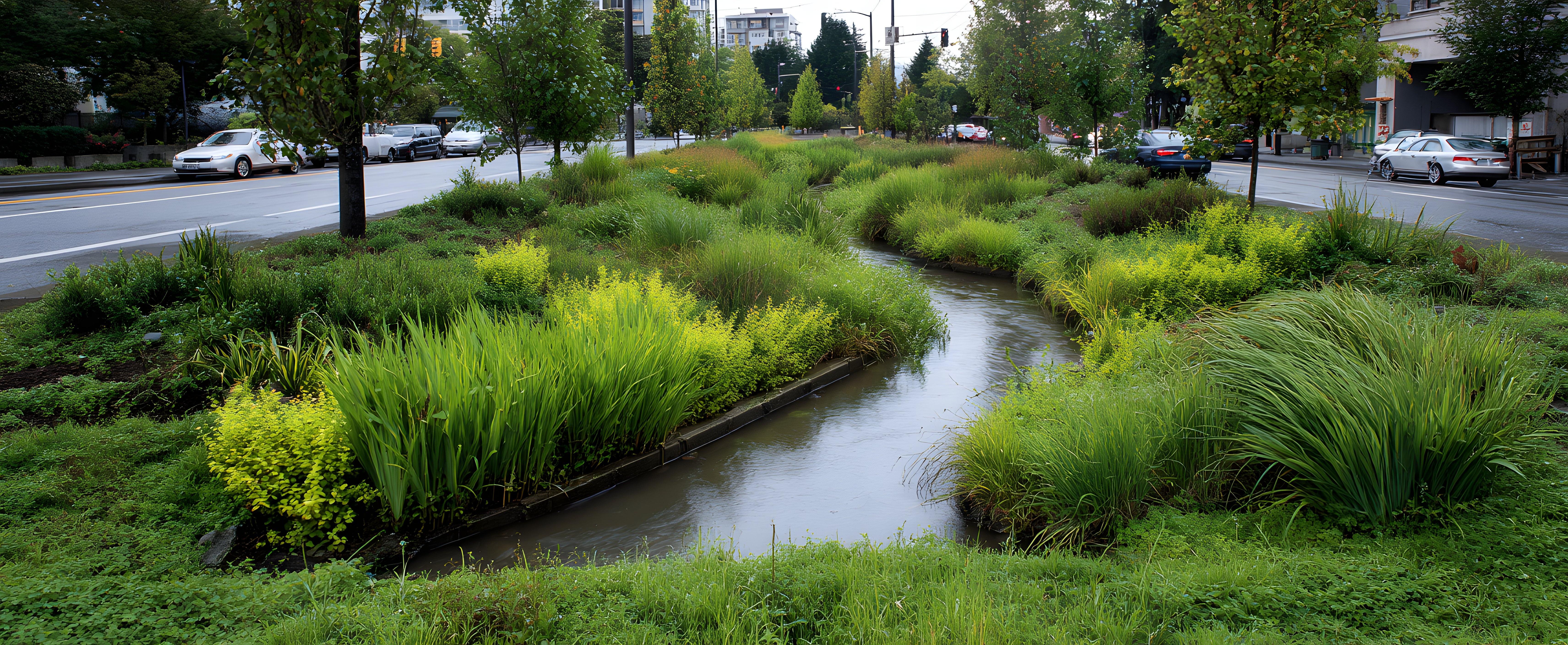 Stormwater moves through lush green pockets integrated within the urban landscape.