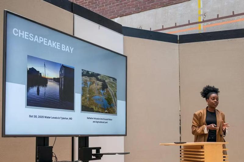 A student presenting her ArchiNova project on modular vegetation at the Chesapeake Bay