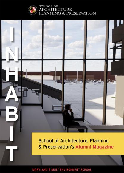Inhabit Magazine cover of the inside of a modern building with large windows and a person sitting on steps