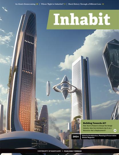 Inhabit Magazine Cover showcasing futuristic AI skyscrapers with floating elevators