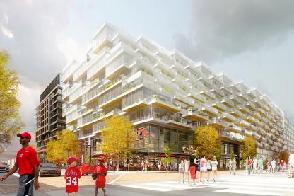 Rendering of a white building with numerous balconies and people are walking in the foreground