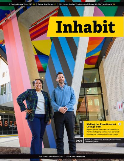 Cover of Inhabit Magazine with Tom Parker and Jessica Jones in front of the colorful bridge at Aster buildings